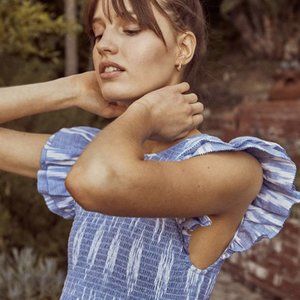 The Saylor Women's Zinnia Dress M NEW NWT Blue Ikat Shirred mini flutter sleeves